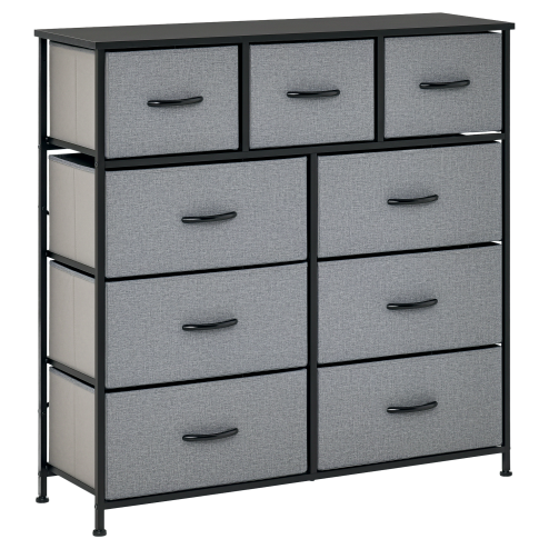 HOMCOM 9 Drawers Storage Chest Dresser Organizer Unit w/ Steel Frame, Wood Top, Easy Pull Fabric Bins, for Bedroom, Hallway, Entryway, Black & Grey