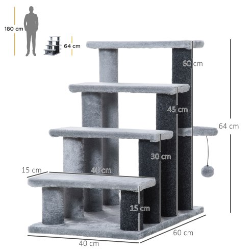 PawHut Pet Stairs, Cat Tree Climb Ladder with 4-step Stair, Scratching Posts, Platforms, Toy Ball, for Indoor Cats, Grey
