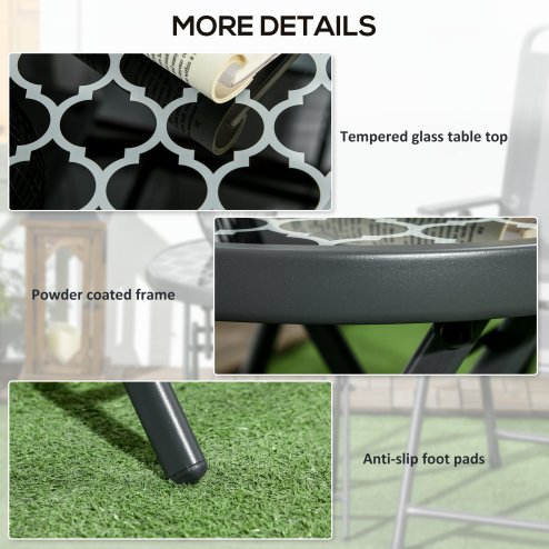 Outsunny ??45cm Garden Side Table, Outdoor Round Folding Patio Table with Imitation Marble Glass Top, Small Coffee Table, Black and White