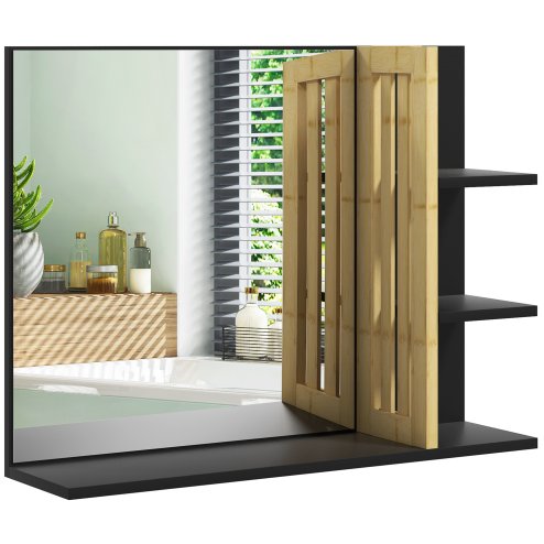 HOMCOM Modern Bathroom Mirror with Shelf, Wall-mounted Vanity Mirror with 4 Storage Shelves and Bamboo Panel for Make Up