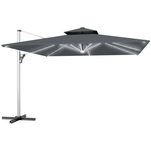 Outsunny 3(m) Garden Cantilever Parasol with Solar LED Lights, Overhanging Patio Umbrella with Cross Base, 360 Rotation, Crank Handle and Tilt, 8-Rib Outdoor Hanging Sun Shade, Grey