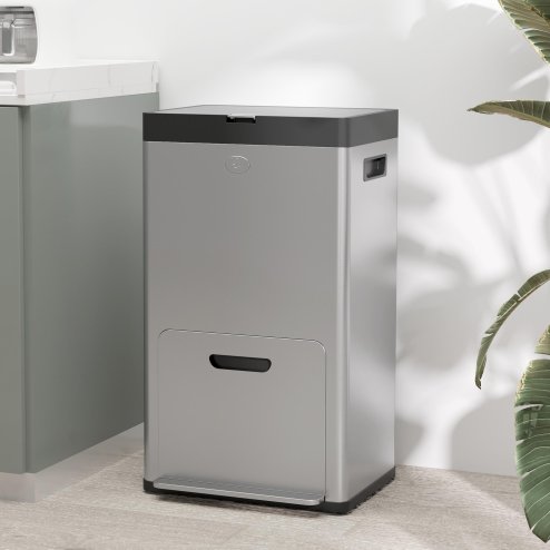 HOMCOM Kitchen Bin, 2 x 18L and 20L Volumes, Stainless Steel 3 Compartment Bin with Wheels, Soft Close Lid, Removable Inner Buckets, Fingerprint-Proof for Recycling and Waste, Silver Tone
