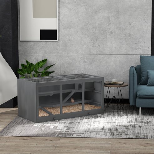 PawHut Wooden Hamster Cage, Small Animals Hutch with Tray, Openable Top, Exercise Run, Grey