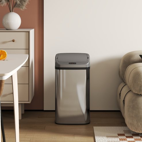HOMCOM 48L Sensor Bin, Stainless Steel Kitchen Bin with Automatic Soft Close Lid and Fingerprint-Proof for Recycling and Waste, Silver Tone