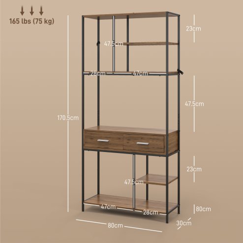 HOMCOM 5 Tier Bookcase, Industrial Book Shelf with 2 Drawers and Metal Frame, Bookshelf for Home Office, Study, Living Room, Brown