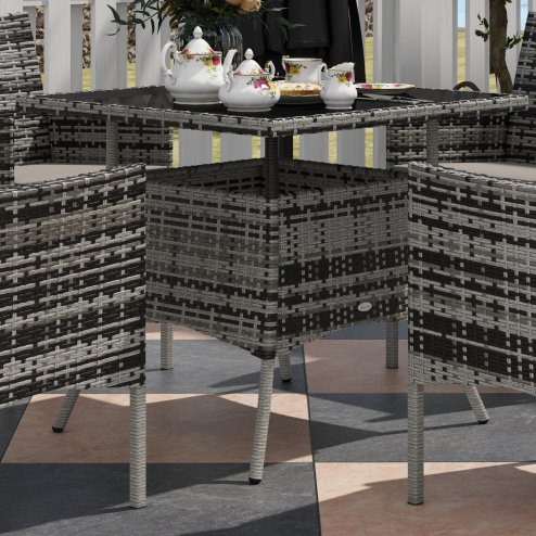 Outsunny 4 Seater Rattan Dining Set with Cushions, 5 Pieces Garden Dining Set with Glass Tabletop, PE Rattan Garden Furniture Set with Dining Table and Armchairs for Patio, Balcony, Mixed Grey