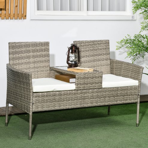 Outsunny 2 Seat Rattan Garden Bench, Patio Wicker Chair with Glass Tea Table, Outdoor Love Seat with Padded Cushions, for Garden, Porch, Mixed Grey/Cream White
