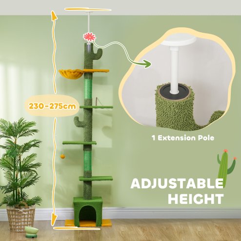 PawHut Floor-to-Ceiling Cat Tree, 230-275cm Height Adjustable Cat Tower, 6-Level Activity Centre for Indoor Cats with Scratching Posts, Cat House, Hammock, Toy Ball, Green