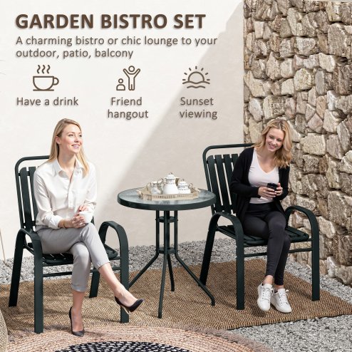 Outsunny 3 Pieces Patio Bistro Set, Garden Furniture Set with Stackable Chairs, Tempered Glass Table, Rust Resistant for Outdoor, Balcony, Patio, Garden, Charcoal Grey