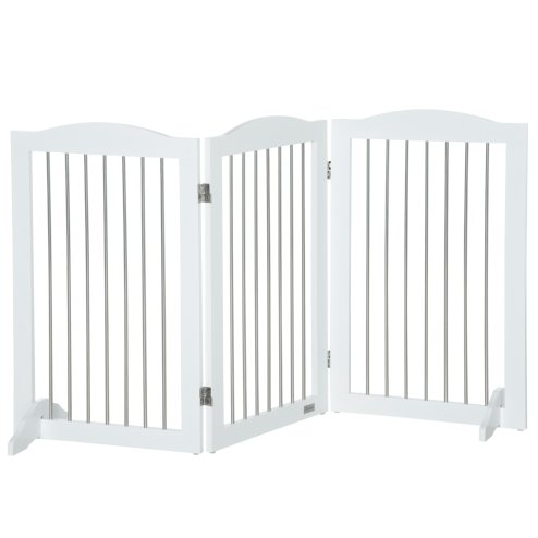PawHut Foldable Dog Gate, Freestanding Pet Gate, Dog Barrier with Two Support Feet, for Doorways, Stairs, Halls - White
