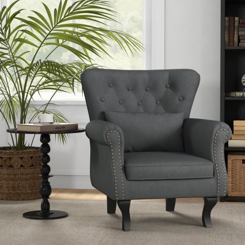 HOMCOM Wingback Armchair, Linen Fabric Accent Chair, Upholstered Fireside Chair with Pillow, Button Tufted Back for Living Room, Bedroom, Home Office, Dark Grey