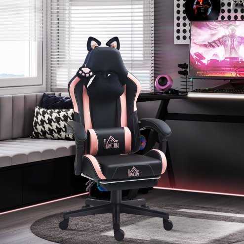 HOMCOM Gaming Chair for Adults with Cat Ears, Reclining Computer Chair with Footrest, Faux Leather Game Chair with Lumbar Support and Headrest, Height Adjustable Swivel PC Chair, Black