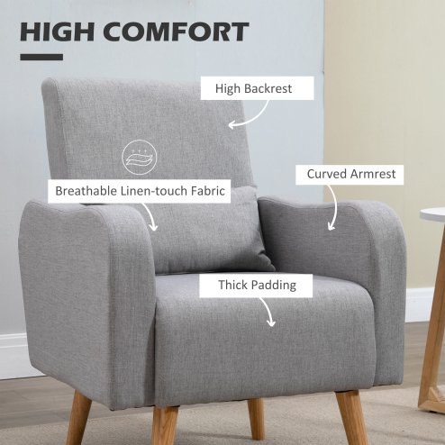 HOMCOM Accent Chair, Linen-Touch Armchair with Pillow, Upholstered Leisure Lounge Sofa for Living Room, Club Chair with Rubber Wooden Frame