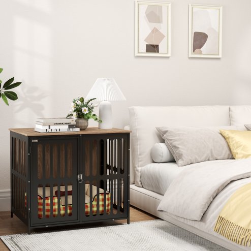 PawHut Dog Crate Furniture, Dog Cage Side End Table Indoor with Anti-Chew Resistant Mesh, Anti-Escape Door, for Medium Dogs, 80 x 55 x 72 cm, Walnut Brown