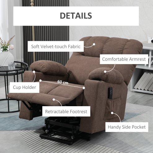 HOMCOM Power Lift Chair Recliner for Elderly, Velvet-touch Fabric Electric Riser and Recliner Chair for Living Room with Remote Control, Side Pockets, Cup Holders, Dark Brown