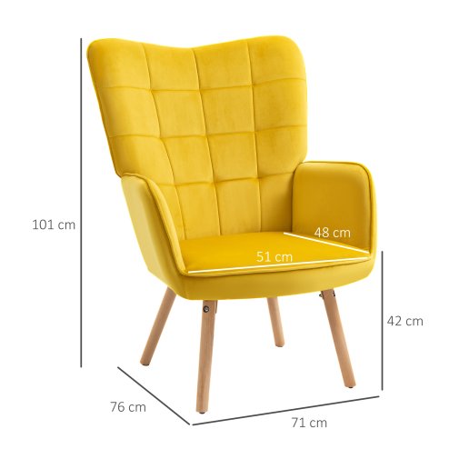 HOMCOM Modern Accent Chair, Upholstered Tufted Wingback Armchair with Seat Padding, Velvet Leisure Lounge Bedroom Chair with Wood Legs, Yellow