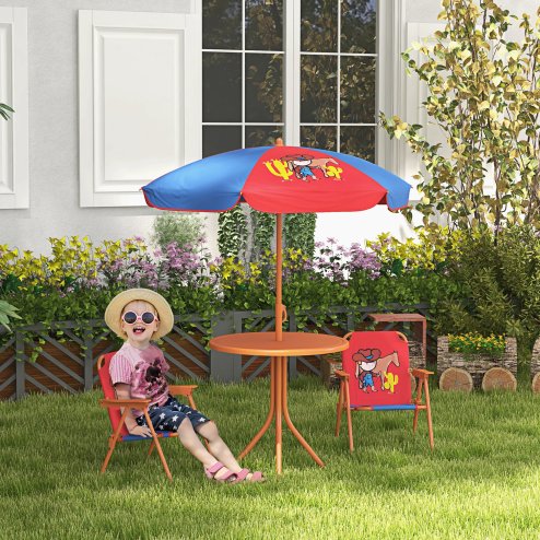 Outsunny Kids Bistro Set Children Table and Chair Set Garden Furniture Cowboy Themed 4 Pieces w/ Adjustable Parasol, Foldable Chairs for 2-5 Years - Blue and Red