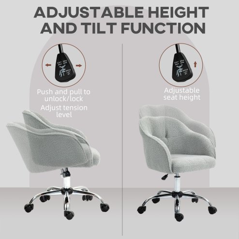 HOMCOM Office Chair, Teddy Fleece Swivel Computer Desk Chair, Makeup Vanity Seat with Adjustable Height for Home Study Bedroom, Grey