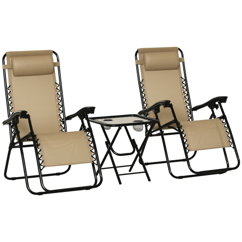 Outsunny Folding Zero Gravity Chairs, 3 Pieces Adjustable Sun Lounger and Table Set with Cup Holder and Headrest, Patio Bistro Set with Reclining Garden Chairs for Outdoor, Beige