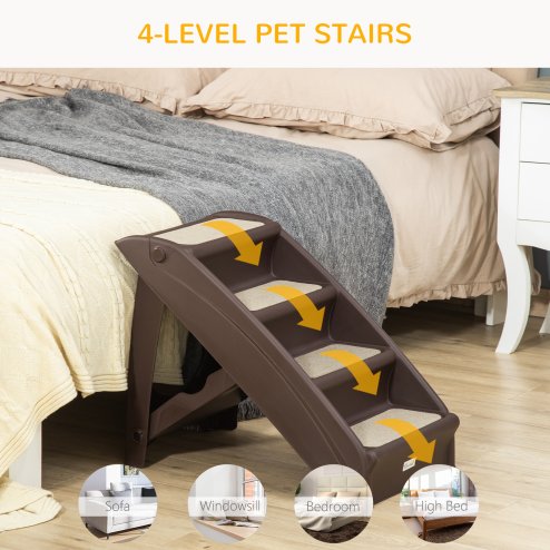 PawHut Foldable Pet Stairs Portable Dog Steps for Sofa, Bed, Four-Step Design for Cats, Small Miniature Dogs w/ Non-Slip Mats - Dark Brown, 62 x 38 x 49.5cm