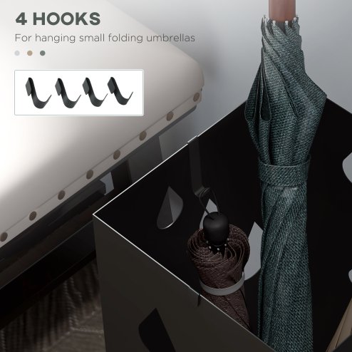 HOMCOM Steel Umbrella Stand, Square Umbrella Holder with 4 Hooks and Removable Drip Tray, Hollowed Umbrella Basket for Hallway