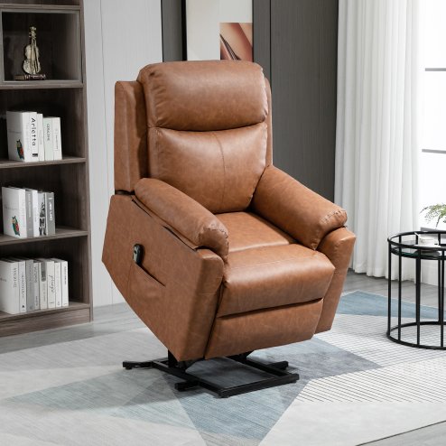 HOMCOM Power Lift Recliner Chair, Electric Lift Chair for Elderly, Overstuffed Faux Leather Riser and Reclining Armchair with Remote Control, Side Pockets, for Living Room, Brown