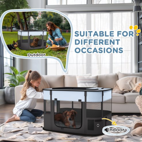 PawHut Dog Pen, Pet Playpen, Portable Foldable Dog Cat Playpen Soft Pet Cage with Storage Bag for Puppies, Rabbits, Kittens, Guinea Pigs, 84 x 64 x 53cm - Grey