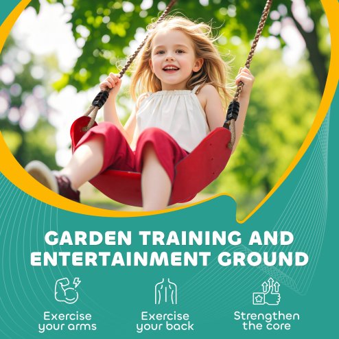 AIYAPLAY Zip Line Kit for Kids, 10-Piece Outdoor Obstacle Course for Kids, 10m Kids Slackline Kit with Monkey Bars, Swing, Climbing Ladder, Hanging Tray, Metal Rings, Gripping Balls, Multicoloured