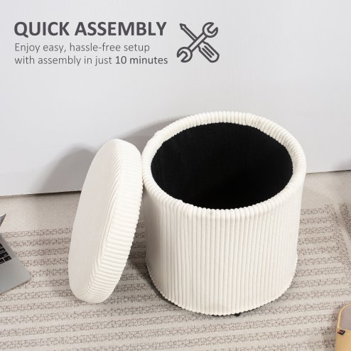 HOMCOM 40cm Round Storage Ottoman, Corduroy Footstool with Removable Lid and Legs, Vanity Stool for Living Room, Bedroom