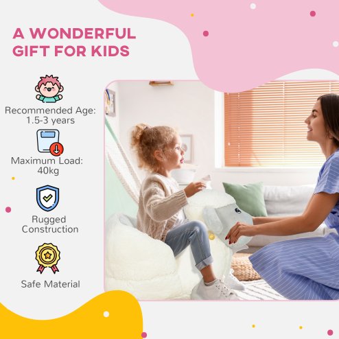 AIYAPLAY Rocking Horse, Kids Ride on Horse, Rocking Animal, Plush Ride on Lamb with Safety Belt, Sound, for Ages 18-36 Months, Grey