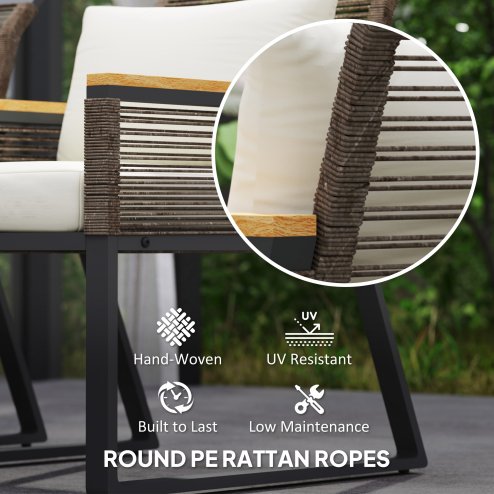 Outsunny 4 Piece Rattan Garden Furniture, 4 Seater Rattan Sofa Set, Round Wicker Rope Patio Conversation Set with 2 Armchairs, Loveseat, Glass Top Coffee Table and Cushions for Outdoor, Balcony, Grey