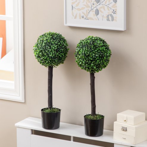 HOMCOM Set of 2 Decorative Artificial Plants Boxwood Ball Trees in Pot Fake Plants for Home Indoor Outdoor Decor, 60cm