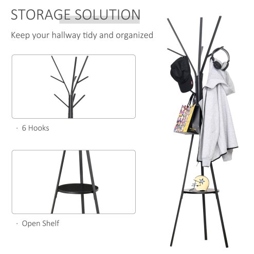 HOMCOM Freestanding Metal Coat Rack Stand 9 Hooks Clothes Tree with 1 Shelf Hat Display Hall Tree Hanger Bag Umbrella Hanging Organiser 