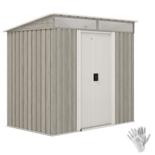 Outsunny 6.5 x 4FT Galvanised Metal Garden Shed with Double Sliding Doors and 2 Vents, Lockable Tool Storage House with Foundation Kit, Light Grey Wood Effect