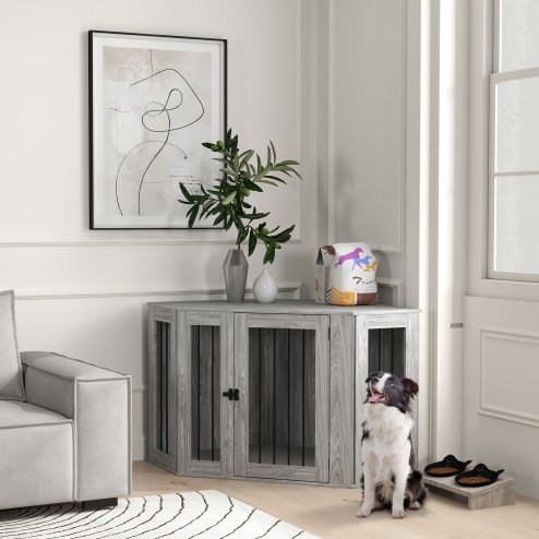 PawHut Dog Crate Furniture, Side Table Dog Kennel with Cushion, Large Door, for Large Dogs - Grey