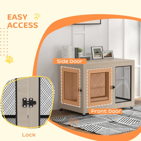 PawHut Dog Crate Furniture End Table w/ Soft Washable Cushion, Two Doors, Indoor Pet Kennel for Small Medium Large Dogs w/ Wire Mesh, Oak