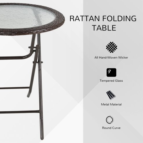 Outsunny Folding Rattan Garden Dining Table, 68 cm Round Rattan Garden Table with Water Ripple Tempered Glass Top, Wicker Edging  and Steel Frame for Outdoor, Patio, Brown