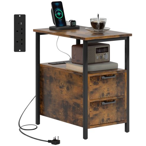 HOMCOM Side Table with Charging Station, USB Ports and Power Outlets, Narrow Bedside Table with 2 Drawers and Shelf for Living Room, Bedroom, Rustic Brown