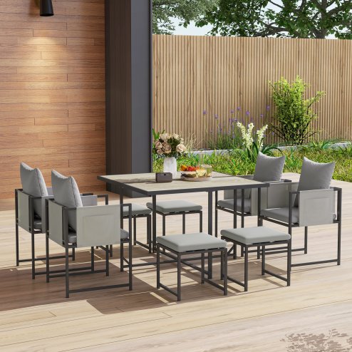 Outsunny 9 Piece Garden Dining Set, Cube Outdoor Garden Furniture Set with Cushions, 8 Seater Garden Table and Chairs with 4 Stools, Square PSPC Plastic Top Table, Side Pockets for Conservatory, Grey