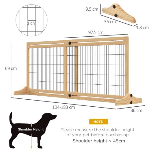 PawHut Freestanding Dog Gate, Foldable Pet Fence, Indoor Wood Barrier, Stair Gate with Support Feet, for Doorway, Hallway, Small and Medium Dogs, 69H x 104-183 cm, Natural Wood Finish