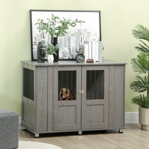 PawHut Dog Crate Furniture End Table, Pet Kennel for Extra Large Dogs with Magnetic Door Indoor Animal Cage, Grey, 114 x 60 x 82 cm