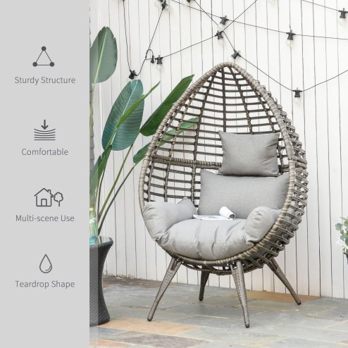 Outsunny Garden Egg Chair, Teardrop Outdoor PE Rattan Chair with Full-body Soft Padded Cushion, Mixed Grey