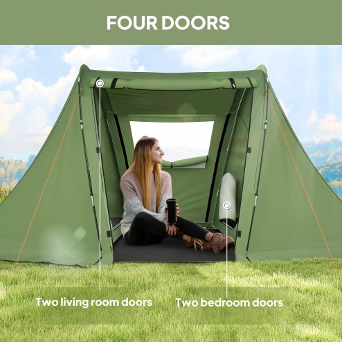 Outsunny 3 Man Camping Tent with Living Area and 2 Bedrooms, 3000mm Waterproof Family Tent with Sewn-in Groundsheet and bag, Portable Dome Shelter  for Hiking, Festival, Backpacking, Green