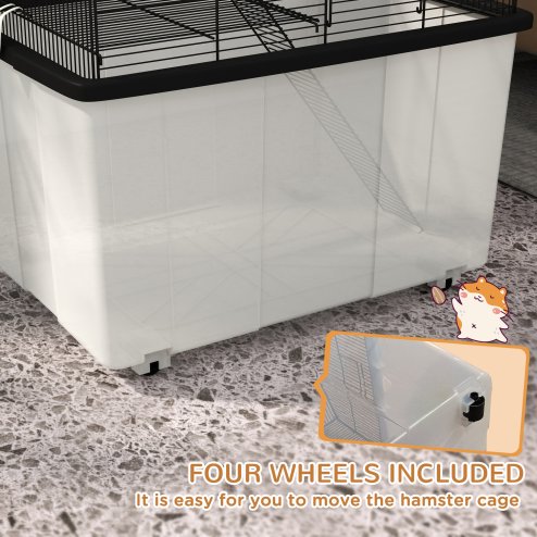 PawHut Hamster Cage, Gerbil Cage 2 Tier with Wheels, Deep Bottom, Ramp, Food Dish, Water Bottle, for Dwarf, Syrian, 57 x 43 x 57cm - Black
