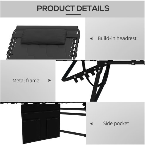 Outsunny Foldable Sun Lounger Set with 5-level Reclining Back, Outdoor Tanning Chairs Sun Loungers with Build-in Padded Seat, Side Pocket, Headrest for Beach, Patio, Black