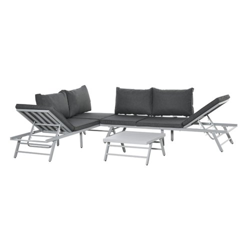 Outsunny 3 Pcs Garden Seating Set w/ Convertible Sofa Lounge Table Padded Cushions Outdoor Patio Furniture Couch Grey