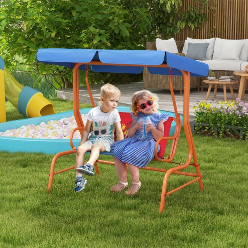 Outsunny 2 Seat Kids Swing Chair with Adjustable Canopy, Cowboy Themed Double Kids Garden Swing Bench with Safety Belts for Patio Park Porch, for Ages 3-6 Years - Red and Blue