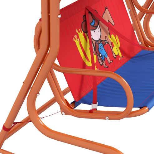 Outsunny 2 Seat Kids Swing Chair with Adjustable Canopy, Cowboy Themed Double Kids Garden Swing Bench with Safety Belts for Patio Park Porch, for Ages 3-6 Years - Red and Blue