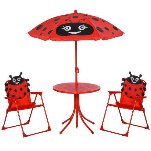 Outsunny Kids Outdoor Table and Garden Furniutre, Ladybird Pattern with Removable, Height Adjustable Umbrella, Red
