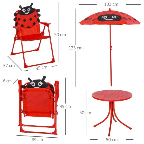 Outsunny Kids Outdoor Table and Garden Furniutre, Ladybird Pattern with Removable, Height Adjustable Umbrella, Red